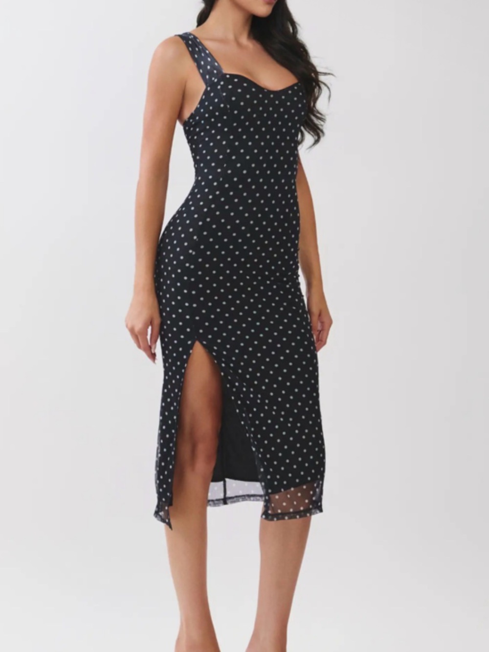 Ontheblvrd Black Polka Dot Asymmetrical Midi Dress